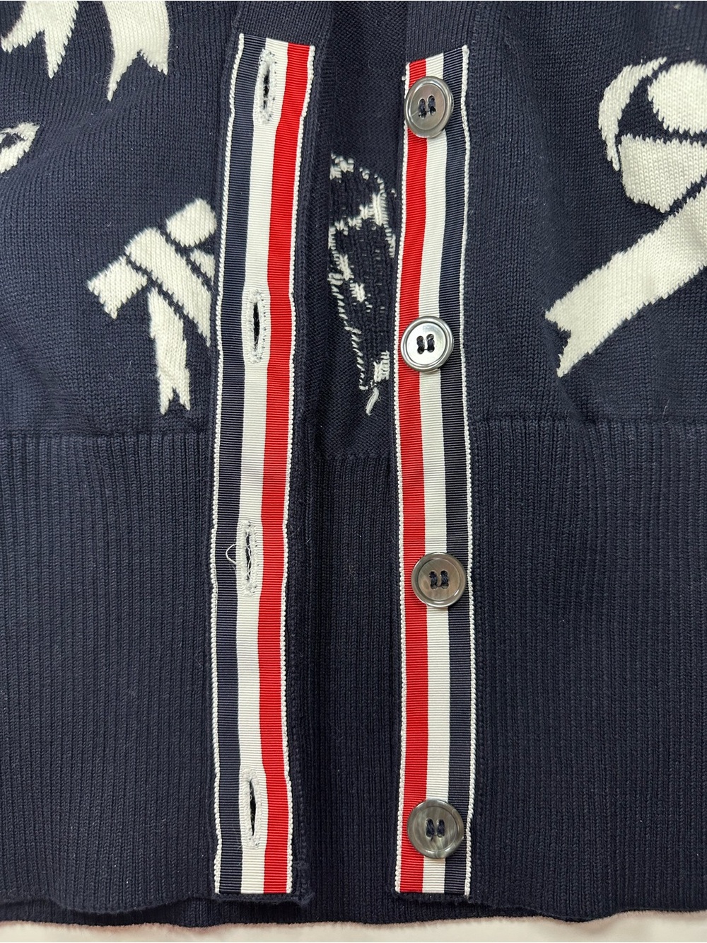 NAVY WHITE RIBBON PRINT BUTTON CARDIGAN SWEATER COTTON PREPPY COQUETTE 42 / 2 S - Picture 12 of 14